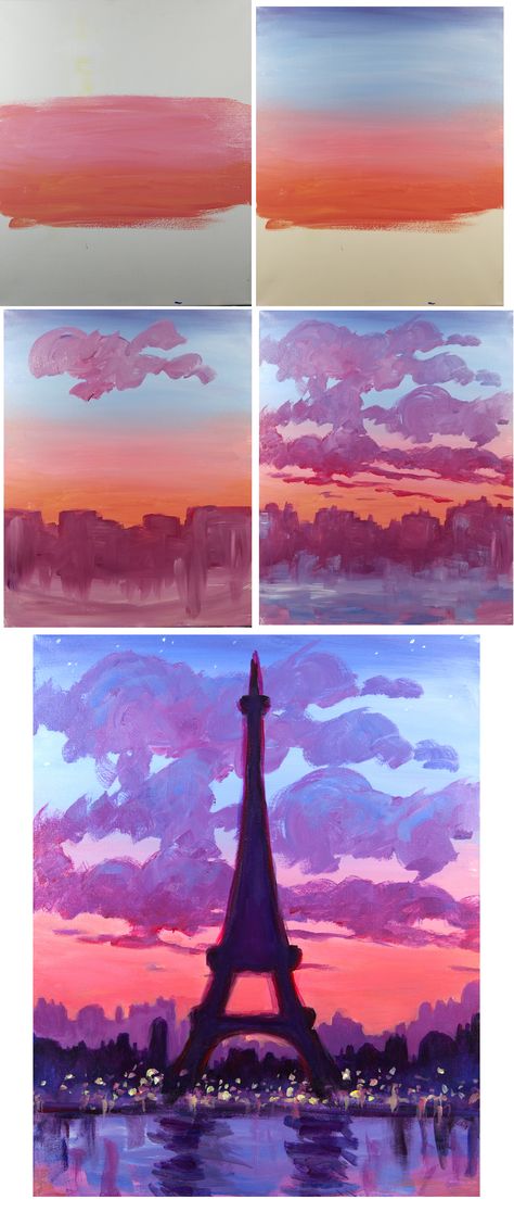 Eiffel Sunset - Easy Brushes - Big flat, Round medium , round small Color : red, white, blue, yellow Girl Activities, Beginners Photography, Ideas Watercolor, Homemade Ideas, Sketches Art, Jazz Artists, Life Learning, Watercolor Ideas, Makeup Hacks