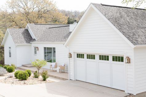 James Hardie Arctic White Siding | Julie Blanner Hardie Arctic White, White Siding House, James Hardie Siding Colors, White Exterior Paint Colors, Siding Choices, White Beach House, White Exterior Paint, James Hardie Siding, Taupe Walls