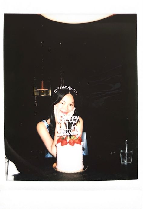 polaroid picture of an Asian girl with a birthday cake in front of her. Film Birthday Aesthetic, Birthday Film Aesthetic, Birthday Film Pictures, Birthday Pics Ideas With Cake, Birthday Film Photos, Birthday Polaroid Aesthetic, Film Birthday Photoshoot, Birthday Pics Ideas Aesthetic, Birthday Pic Ideas Aesthetic