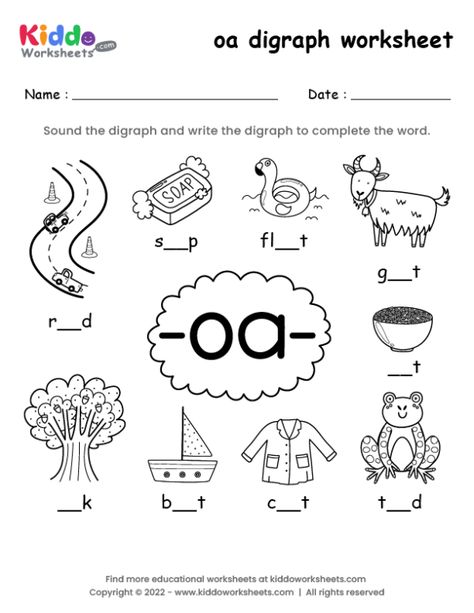 Free Printable oa digraph worksheet - kiddoworksheets Words With Oa Sound, Oa Vowel Team Worksheets, Grade 1 Worksheets Free Printable English, Oa Digraph Worksheets, Oa Phonics Worksheet, Oa Sound Worksheets, Oa Words Worksheet, Th Sound Worksheet, Oa Phonics