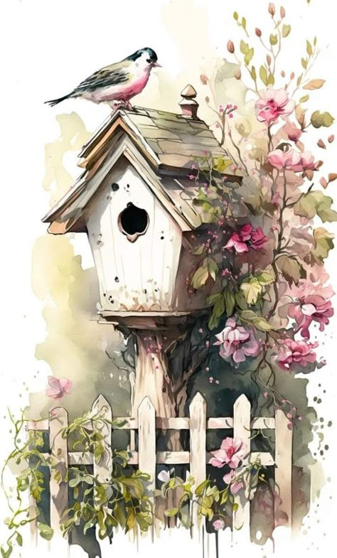 Beautiful Birdhouses, Rice Paper For Decoupage, Spring Images, Rice Paper Decoupage, Paper Decoupage, Large Image, Decoupage Vintage, Watercolor Flower Art, Light Background