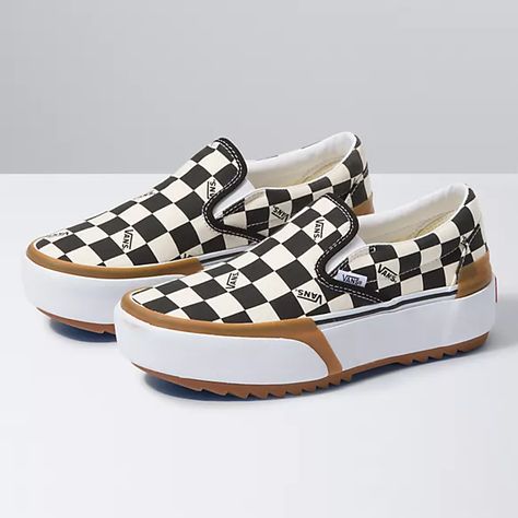 Checkerboard Slip-On Stacked | Shop Classic Shoes At Vans Vans Platform Slip On, Platform Vans Outfit, Vans Slip On Platform, Fancy Footwear, Platform Vans, Vans Checkerboard, Vans Store, Air Shoes, Breakfast Sweets