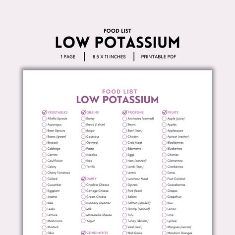 Low Potassium, Food List, Kidney Disease, Renal Diet, Chronic Illness, Grocery List, Shopping List, Food Guide, List Printable, PDF Download Low Potassium Food, Low Potassium Recipes, Low Potassium Diet, Potassium Foods, Cauliflower Pasta, Protein Fruit, Renal Diet, Health Planner, List Printable