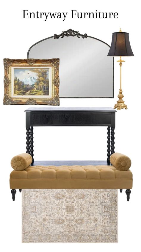 Shop Parisian style entryway furniture here! Mirror wall decor, lamp, vintage frame, entryway console, mustard cushion bench, rug. Parisian Entryway, French Foyer, French Entryway, Style Entryway, Lux Interior, Vintage Style Mirror, Entrance Console, Cushion Bench, Decor Lamp