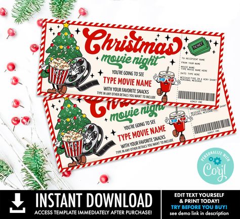 ♡ You INSTANTLY edit this RETRO CHRISTMAS MOVIE GIFT CERTIFICATE - MOVIE NIGHT GIFT VOUCHER - FAMILY NIGHT in your browser using CORJL.com on any device! ♡ Try before you buy DEMO LINK: https://www.corjl.com/d/2NOELN ★★ This is an EDITABLE TEXT INSTANT DOWNLOAD file. Nothing is shipped by post. H O W * I T * W O R K S ------------------------------------------- 1. Purchase & complete your order. 2. Open Corjl email 3. Follow the link to access your purchase. 4. Edit your design, save, and downlo Christmas Movie Ticket, Christmas Movie Ticket Printable, Movie Night Tickets, Disney Movie Night Dinner, Movie Night Gift, Christmas Movie Night, Disney Movie Night, Cricut Christmas Ideas, Movie Tickets