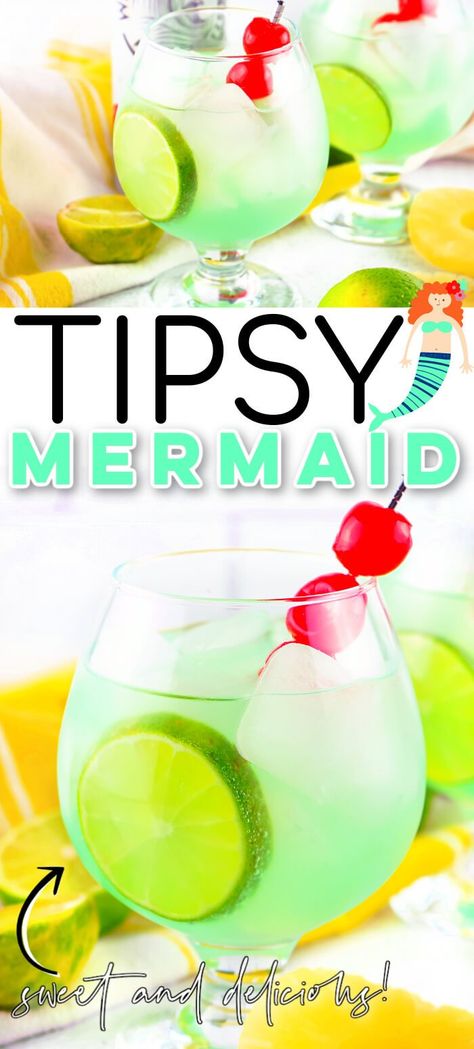 EASY TIPSY MERMAID DRINK Tipsy Mermaid, Mermaid Martini, Blue Hawaiian Punch, Mermaid Cocktail, Mermaid Drink, Poolside Snacks, Pool Party Food, Booze Drink, Drink Names