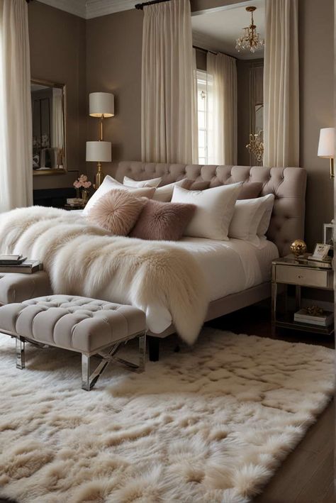 modern glam bedroom ideas plush rugs silk pillows elegance 1 Luxury Women Bedroom, Contemporary Luxe Bedroom, Chic Bedroom Decor Glamour Classy, Beautiful Rooms Bedrooms, Gray Velvet Bedroom Ideas, Teenagers Bedroom Ideas, Transitional Glam Bedroom, Modern Glam Bedroom Decor, Couple Room Ideas Bedrooms