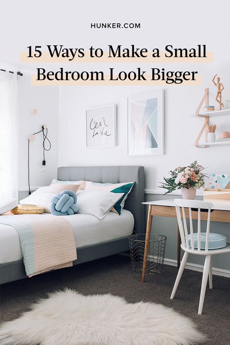 Even if your space is barely large enough for your bed, we have 15 cool ideas that will make your bedroom look and feel bigger. #hunkerhome #bedroom #smallbedroom #smallbedroomideas Bed Against Wall, Small Double Bedroom, Small Bedroom Style, Ideas Armario, Narrow Bedroom, Very Small Bedroom, Student Bedroom, Small Bedroom Layout, Small Bedroom Decor