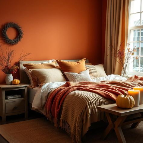 A bedroom decorated with rich, autumnal colors like deep oranges and browns, featuring soft, textured blankets, throw pillows, and seasonal decor like pumpkins and candles, creating a cozy ambiance. Fall Bedroom Colors, Fall Colors Bedroom, Retro Fall Aesthetic, Orange And Brown Bedroom, House Decor Fall, Fall Bedroom Aesthetic, Fall Room Aesthetic, Bedding Cozy, Bedroom Fall Decor