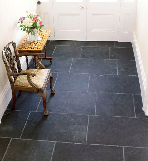 The stylish black riven slate floor tile is a sophisticated option for modern & traditional homes. Cost-effective & available in a range of sizes. Buy here. Modern Traditional Homes, Slate Floor Tile, Ikea Apartment, Black Slate Tiles, Entryway Tile, Slate Floor, Tiles Uk, Foyer Flooring, Slate Tile Floor