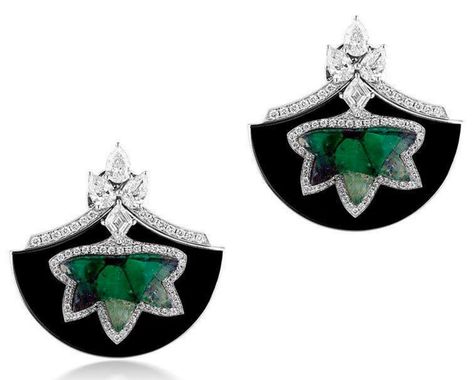 Lobe Clips featuring Colombian trapiche emeralds weighing 11.36 carats in fancy cabochon cut: One-of-a-kind piece crafted in 18k white gold, set with diamonds in round, pear and kite shape weighing total 3.4 carats, embellished with black enamel inlay, from Susana Martins Radial Pattern, Contemporary Jewellery Designers, Funny Jewelry, Colombian Emeralds, Rare Gemstones, Jewelry Brand, Emerald Earrings, Art Deco Era, Earring Jewelry