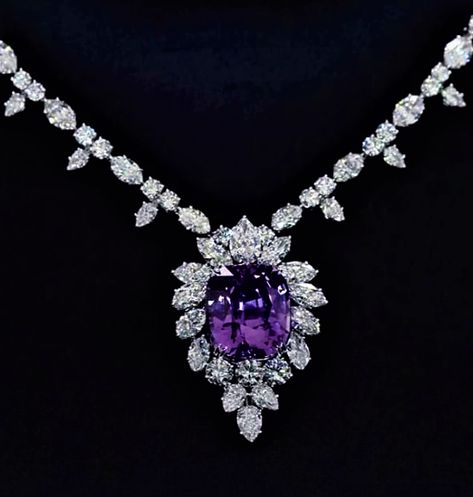 Harry Winston. With an ultra-rare 65.32-carat pink-purple sapphire and diamond necklace. #diamondnecklace. mm Harry Winston Jewelry, Necklace Sale, Round Diamond Earrings, Jewelry Magazine, Black Diamond Earrings, Handbags Luxury, Fantasy Closet, Diamond Jewelry Necklace, Harry Winston