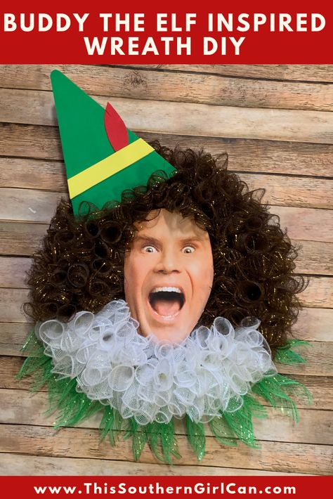 Make your own festive Buddy the Elf wreath following my easy tutorial! #buddytheelfwreath #christmaswreathtutorial Elf Wreaths Deco Mesh Diy, Elf Wreath Diy, Elf Mesh Wreath, Funny Christmas Wreaths Diy, Buddy The Elf Wreath Diy, Funny Wreath Ideas, Buddy The Elf Wreath, Buddy The Elf Ornaments Diy, Elf Wreaths Deco Mesh