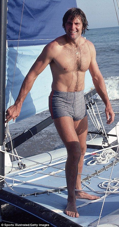 Transition underway: The gold medalist revealed a suspiciously smooth chest, legs, and arms during a trip to Greece with his family in 2013, a marked change from the hairy, muscular man pictured during a Sports Illustrated shoot in 1980 (pictured) Vintage Hollywood Men, Young Jfk, Mens Body Types, Vintage Guys, Vintage Muscle Men, Hasan Piker, Shirtless Actors, Ideal Male Body, Trip To Greece