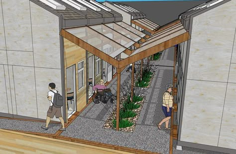 Tiny Townhouses Proposed for Vancouver's Homeless Homeless Ideas, Community Space Design, Architecture Analysis, Homeless Housing, Rain Gardens, Tiny Living Space, Heat Recovery Ventilation, Temporary Housing, Urban Housing