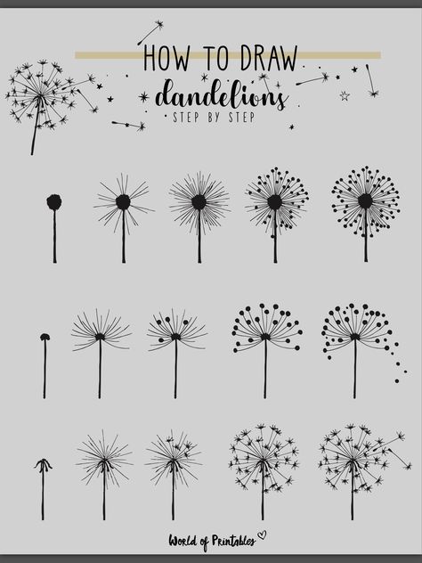 Dandelions Drawings Easy, How To Draw Nature Easy, Natural Patterns Drawing, Doodling Step By Step, Dandelion Pottery Painting, Aesthetic Things To Draw On Your Wall, Flowers Drawing Step By Step, Draw A Dandelion, Simplistic Art