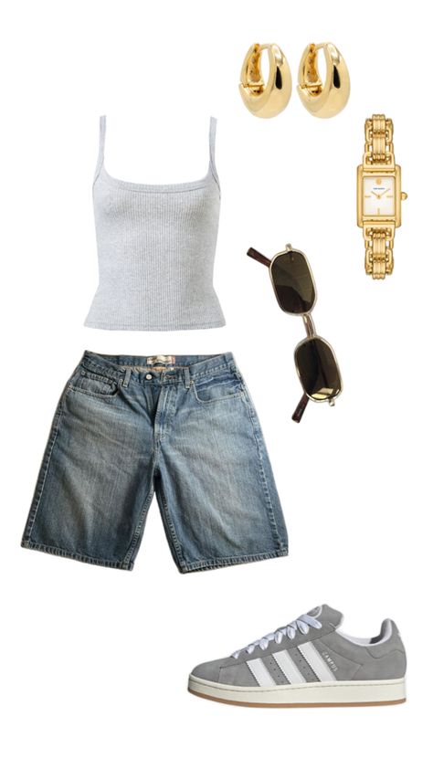 jorts grey tank top grey adidas campus 00s vintage gold watch gold hoop earrings vintage sunglasses Grey Tank Top Outfit, Campus Outfit, Look Adidas, Best Winter Outfits, Outfit Inspo Summer, Outfit Inspo Casual, Adidas Campus, Midi Skirts, Summer Fashion Outfits