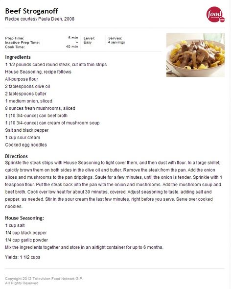 Beef Stroganoff Paula Dean, Paula Deen Beef Stroganoff, Stroganoff Recipes, House Seasoning, Paula Dean, Paula Deen Recipes, Dinner Delicious, Stroganoff Recipe, Beef Stroganoff