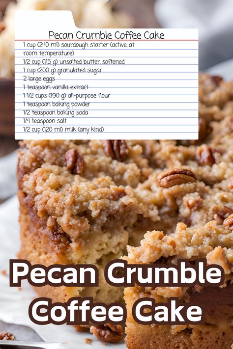 This delicious coffee cake it moist, flavorful, and incredibly easy to make! Sourdough Coffee Cake, Crumble Coffee Cake, Pecan Coffee Cake, Pecan Crumble, Cinnamon Crumble, Discard Recipes, Spiced Pecans, Sour Dough, Sourdough Discard