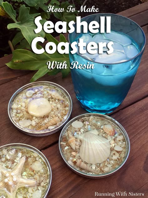 Seashell Coasters Made With Resin - Running With Sisters Seashell Coasters, Decor Marin, Seashell Projects, Art Coquillage, Wine Bottle Diy Crafts, Wine Bottle Diy, Jar Diy, Diy Resin Crafts, Beach Crafts