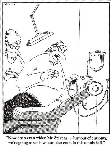 dental tennis ball Gary Larson Comics, Dentist Cartoon, The Far Side Gallery, Gary Larson Far Side, Gary Larson Cartoons, Funny Dentist, Far Side Cartoons, Far Side Comics, Dentist Humor