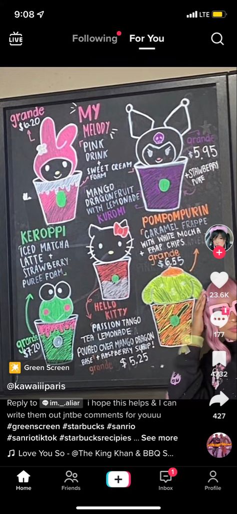 Hello Kitty Starbucks Drink Recipe, Sanrio Inspired Starbucks Drinks, My Melody Starbucks Drink, Hello Kitty Drink Starbucks, Pompompurin Starbucks Drink, Kuromi Starbucks Drink, Horror Starbucks Drinks, Anime Inspired Starbucks Drinks, Starbucks Drinks Characters