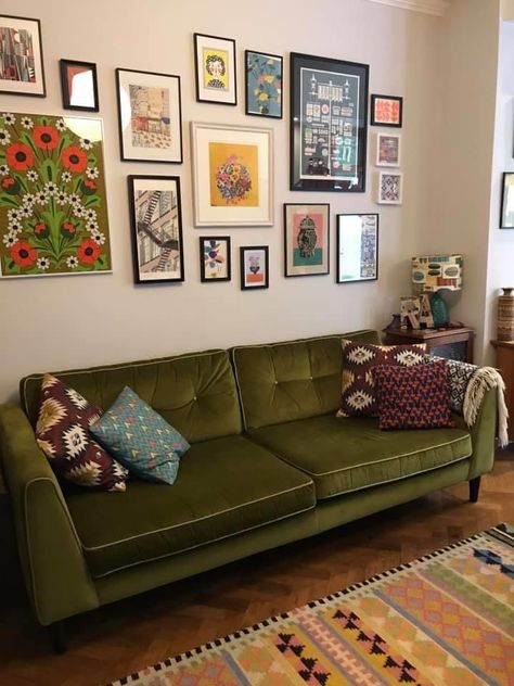 Apartment Decor Green Couch, Gray Couch Maximalist, Eclectic Grandpa Decor, Maximalist Decor Green Couch, Green Sofa Retro Living Room, Green Sofa Maximalist, Cloud Bedroom, Vibey Apartment, Decorating Apartment