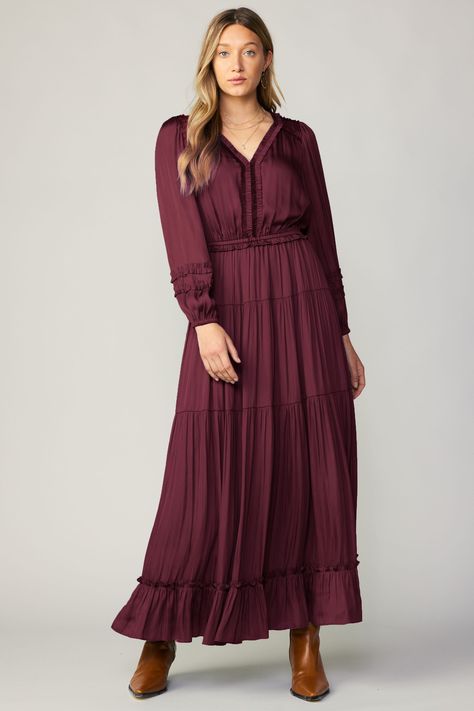 This long-sleeve midi dress is simply captivating with its easy femininity and pretty details. Ruffle trim adds allure, while the cinched waist defines the shape. This stunning piece is sure to become a fast favorite in your wardrobe. •V-neck •Long sleeves •Elasticized waist •Tiered skirt •Ruffle trim DIMENSIONS •Standard: 53" L Item number 2390097 100% Polyester Long Sleeved Velvet Dress, Long Sleeve Maxi Dress Winter, Long Midi Dress Outfits, Fall Outfits Women Dresses, Midi Fall Dresses, Fall Dresses For Women, Midi Dress Outfit, Modern Clothes, Midi Dress Fall