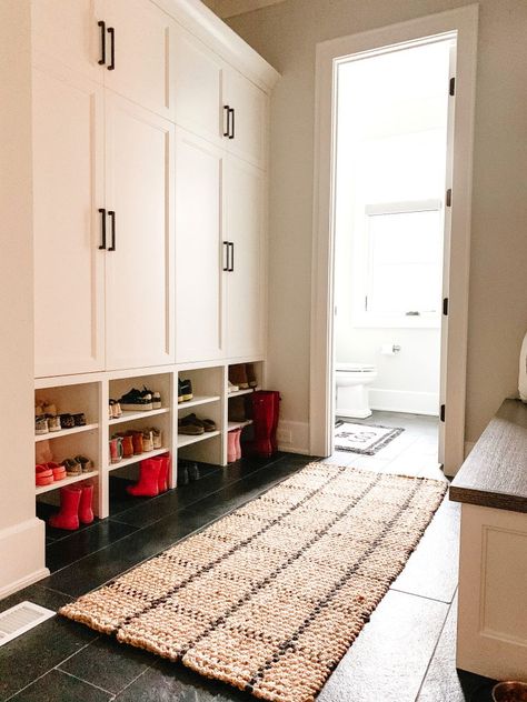 Large Family Entry Way Ideas, Mudroom Closet Ideas With Doors, Deep Mudroom Closet, Mudroom Laundry Room Organization, Entryway Ideas Mudroom Entrance, U Shaped Mudroom Ideas, Mudroom Powder Room Combo, Mudroom Measurements, Mudroom Dining Room Combo