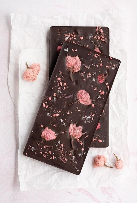 Cherry Blossom (Sakura) Dark Chocolate Bark | Sliced Ginger Dark Chocolate Bark, Chocolate Bar Molds, How To Temper Chocolate, Chocolate Flowers, Dark Chocolate Bar, Chocolate Nuts, Vegan And Gluten Free, Dried Cherries, Chocolate Bark