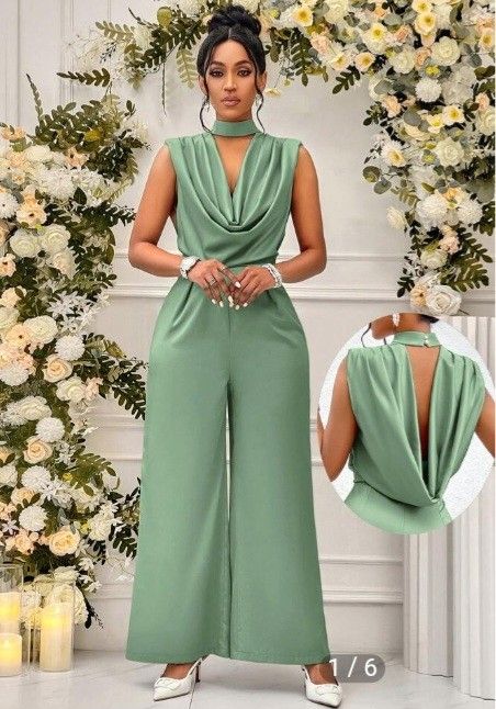 Discover effortless summer style with our Halter Neck Open Back Green Wide Leg Jumpsuit! Perfect for warm days and evenings, this chic outfit combines comfort with trend-setting elegance. Jumpsuit. Green Jumpsuit. Classy Jumpsuit Outfits Wedding, Jumpsuit Outfit Wedding Guest, Jumpsuit Outfit Wedding, Classy Jumpsuit, Combination Fashion, Hot Pant, Formal Jumpsuit, Green Jumpsuit, African Print Fashion Dresses