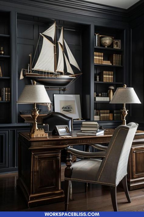 Noir Nautical decor in a work from home office as a moody office idea Light Blue Study Room, Coastal Dark Academia, Nautical Office Design, Nautical Office Decor Ideas, Men’s Study, Moody Coastal Decor, Male Office Ideas, Dark Office Ideas, Male Home Office