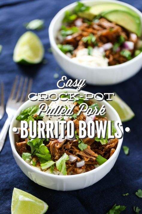 Soooo good! These are so easy to make--just a crock-pot. Only five minutes of hands-on time, plus only real food ingredients. A weeknight dinner meal win! Pork Burrito Bowl, Pork Burrito Bowls, Easy Pulled Pork Crock Pot, Banana Protein Smoothie, Burrito Bowls Recipe, Crockpot Pulled Pork, Paleo Crockpot, Banana Protein, Burrito Bowls