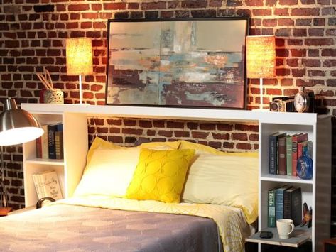 DIY Network has step-by-step instructions on how to make a headboard with built-in nightstands and an upper shelf. For guest bedroom #diy #storage #bedroom #bedroomstorage #insturctions #stepbystep #builtin #headboard Diy Storage Headboard, Diy Storage Building, Upcycle Headboard, Diy Headboard Ideas, How To Make Headboard, Headboard With Shelves, Bookcase Diy, Head Boards, Storage Headboard