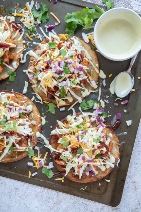 Bbq Chicken Tostadas Recipe, Barbecue Chicken Tostadas, Bbq Chicken Tacos With Slaw, Bbq Chicken And Veggies, Blackstone Tostadas, Chicken Tostadas Shredded, Bbq Tostadas, Chicken Tostadas Mexican, Bbq Chicken Ideas