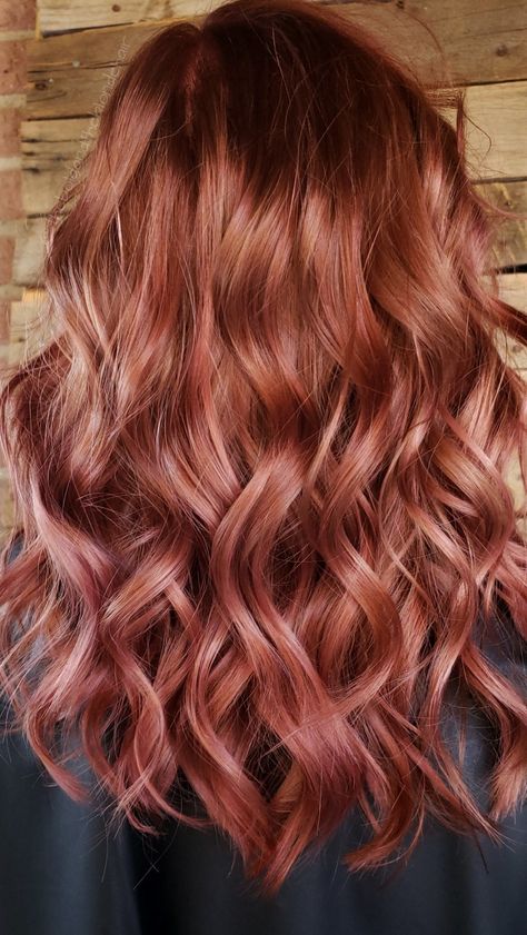 Rose gold! Ginger And Rose Gold Hair, Rose Bronze Hair, Red With Rose Gold Highlights, Rose Gold On Red Hair, Copper Hair With Rose Gold Highlights, Light Brown Hair With Highlights Caramel Rose Gold, Ginger Rose Gold Hair, Rose Gold Auburn Hair, Strawberry Brunette Hair Rose Gold