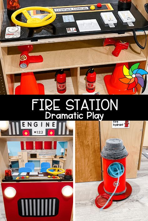 Firefighter Centers Preschool, Fire Station Center Preschool, Fire Truck Dramatic Play, Fire Station Pretend Play, Fire Department Dramatic Play, Firefighter Pretend Play, Preschool Fire Truck Activities, Play Fire Station, Preschool Community Helpers Dramatic Play