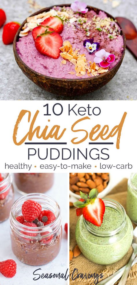 These 10 Keto Chia Seed Puddings will make a healthy breakfast or late afternoon snack.  #keto #glutenfree #chiaseeds Keto Recipes With Chia Seeds, Chia Seed Recipes For Diabetics, Keto Chia Seed Pudding Coconut Milk, Low Carb Chia Seed Recipes, Chia Seed Pudding For Diabetics, Crunchy Keto Snacks, Chia Seed Pudding Keto, Keto Puddings, Keto Chia Seed Pudding