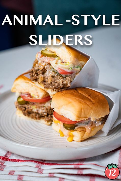 Animal-Style Sliders | 12 Tomatoes Animal Style Sliders, Lunch Meat Sliders, Ww Sandwiches, Slider Burgers, Burgers At Home, Hamburger Sliders, Tomatoes Recipes, Slider Sandwiches, Liver And Onions