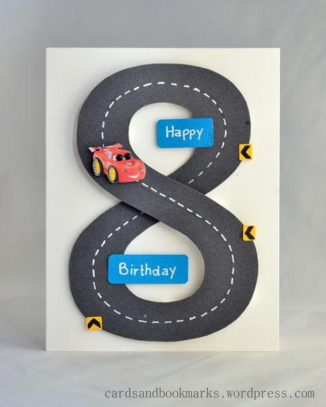 Race your way to the birthday party with this awesome handmade racetrack card!  Video tutorial also shows how to make a "9" card. Paper Birthday Cards, Car Card, Birthday Cards For Boys, Boy Cards, Bday Cards, 카드 디자인, Art Things, Kids Birthday Cards, Birthday Cards Diy