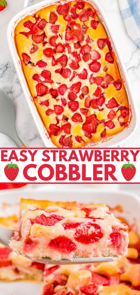 Quick and Easy Strawberry Cobbler — 🍓🙌🏻🍓 The EASIEST strawberry cobbler ever with this no-mixer quickie dessert recipe that takes advantage of fresh strawberries! No eggs and just 7 basic ingredients to make this soft and tender cobbler that's ready in 1 hour. PERFECT for casual entertaining, parties, picnics, and potlucks! You can use other types of fresh fruit if desired.'s ready in 1 hour. PERFECT for casual entertaining, parties, picnics, and potlucks! You can use other types of fresh fr Recipes To Use Up Strawberries, Dessert Recipes Using Fresh Strawberries, Can Strawberry Desserts, Easy Dessert Recipes With Strawberries, Strawberry Cobbler Recipe Easy, Deserts With Strawberries Easy, Easy Desserts With Strawberries, Strawberry Easy Dessert, Fruit Cobbler Recipes Easy