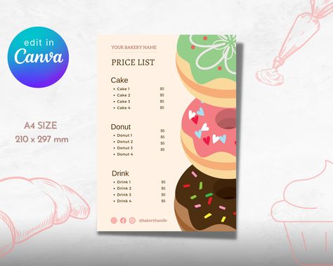 Donut Pricing List, Bakery Editable Canva Price List Template,Cute Bakery Menu, Cupcake Menu Template,Bakery Business Template,DIY Cafe Menu Donut Price List, Hair Salon Price List, Cupcake Prices, Bakery Names, Pricing List, Template Cute, Cute Bakery, Salon Price List, Bakery Business Cards