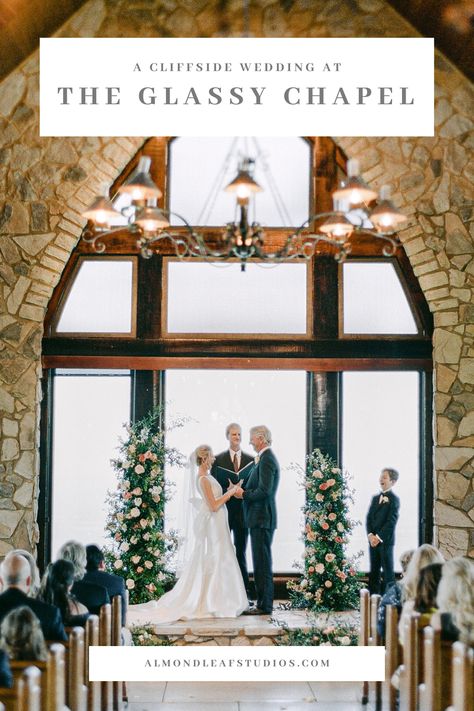 Katie & Ben's wedding ceremony took place in the Glassy Chapel with an intricate, floral altar paired with gorgeous mountain views in South Carolina. #weddingalter #weddingflorals #weddingdesign #southcarolinawedding #mountainwedding #glassychapel #weddingphotographer #brideandgroom #altardesign Glassy Mountain Chapel Wedding, Glassy Mountain Chapel, Glassy Chapel Wedding, Rehearsal Dinner Toasts, Mountain Chapel, Stone Chapel, Welcome Baskets, Altar Design, Retirement Plan