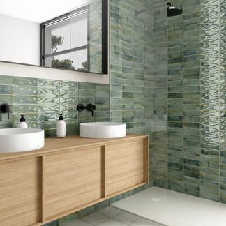 Luxury Bathroom Tiles - Tile Mountain Two Colour Tiles Bathroom, Green Ceramic Tile Bathroom, Green Bathroom Wall Tiles, Colourful Tiles Bathroom, Green Metro Tiles Bathroom, Colour Bathroom Ideas, Colourful Bathroom Tiles, Light Green Tile Bathroom, Light Green Bathroom Ideas