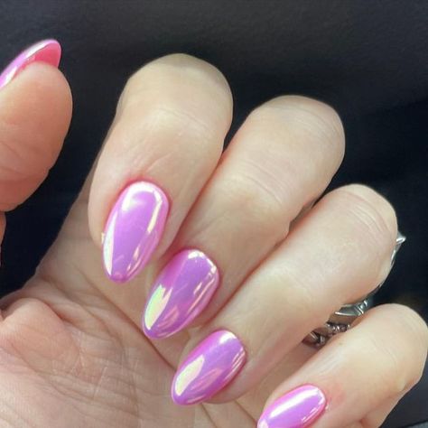 KARIN • NAIL ARTIST on Instagram: "If fairies were real I think they’d wear chrome nails 🧚 💞 Base: @luminary_nail_systems ⁣ ⁣⁣⁣ ⁣⁣⁣ #springnails #springnailinspo #summernails #summernailinspo #pinknails #pinkchromenails #structuredgelmanicure #drymanicure #longnails #gelnails #boycottboringnails #utahnails #naturalnails #rexburgnails #handpaintednailart #nailswatches #naildesigns #nailinspo #nailinspiration #nailtipsandtricks #nailworld #nailartist⁣" Pink Nails With Unicorn Chrome, Chrome Nails With Flower Design, Summer Vegas Nails, Summer Chrome Nails Designs, Chrome Nail Color Ideas, Pretty Chrome Nails, Bright Pink Chrome Nails, Chrome Valentine Nails, Chrome Flower Nails