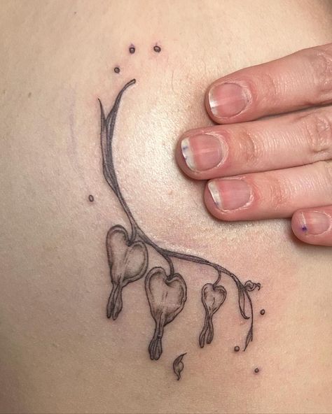 Fine Line Cute Tattoo, String Of Hearts Tattoo, Blooming Tattoo, Cute Heart Tattoos, Delicate Tattoo Ideas, Upper Shoulder Tattoo, Buttercup Tattoo, Under Breast Tattoo, Heart Flower Tattoo