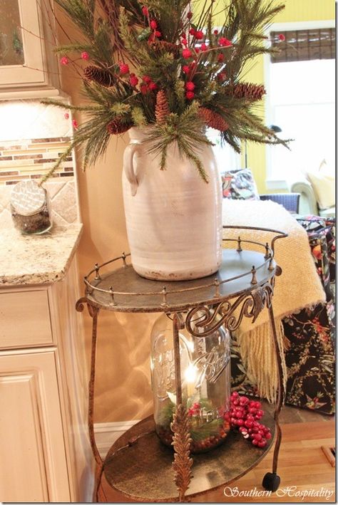 IMG_0429 Butter Churn Decor Ideas, Crock Decor, Glamour Christmas, Christmas Bar Cart, Battery Candle, Christmas Vignette, Ball Canning, Butter Churn, Welcome To Christmas