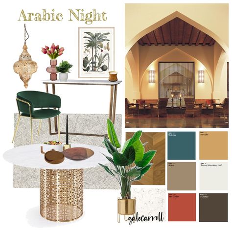 Arabic Interior Design Islamic Cafe Interior Design, Arabic Cafe Design, Arabic Mood Board, Arabic Style Interior Design, Arabian Restaurant Interior Design, Islamic Mood Board, Arab Interior Design, Arabic Restaurant Design, Saudi Interior Design