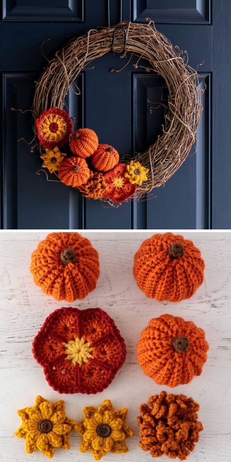 Crochet Floral Wreath, Crochet Flower Wreath, Crochet Wreaths, Crochet Wreath Pattern, Crochet Fall Decor, Thanksgiving Crochet, Sunflower Crochet, Crochet Wreath, Fall Crochet