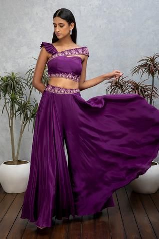 Shop for Isha Gupta Tayal Purple Crepe Pleated Sharara And Crop Top for Women Online at Aza Fashions Luxury Traditional Crop Top For Reception, Cheap Cutdana Tops For Wedding, Cheap Festive Tops With Cutdana, Purple Sharara, Isha Gupta, Embroidered Sharara, Sharara Pants, Function Dresses, Reception Bride